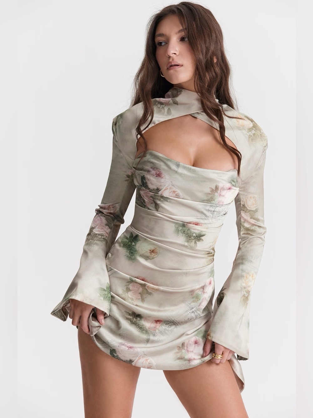 House of CB Toira Vintage Floral Draped Open-Back Satin Top - Blush Floral Large